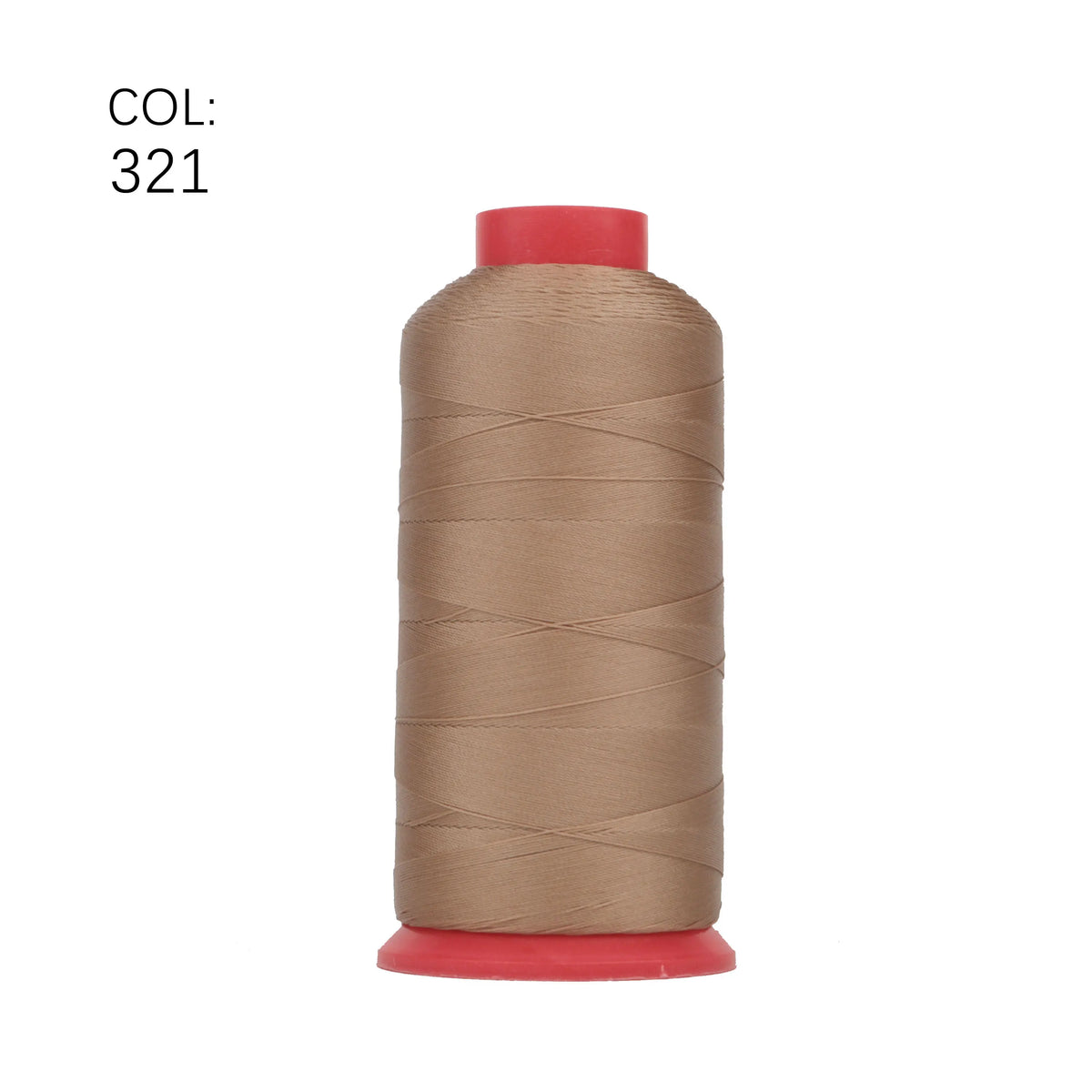 A spool of tan heavy-duty nylon bonded thread with a red cap.