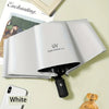 A white automatic compact umbrella is shown open, featuring UV protection, resting on a light green surface.