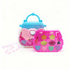 A pink and blue princess makeup toy set featuring a cosmetic playset with various colored items.