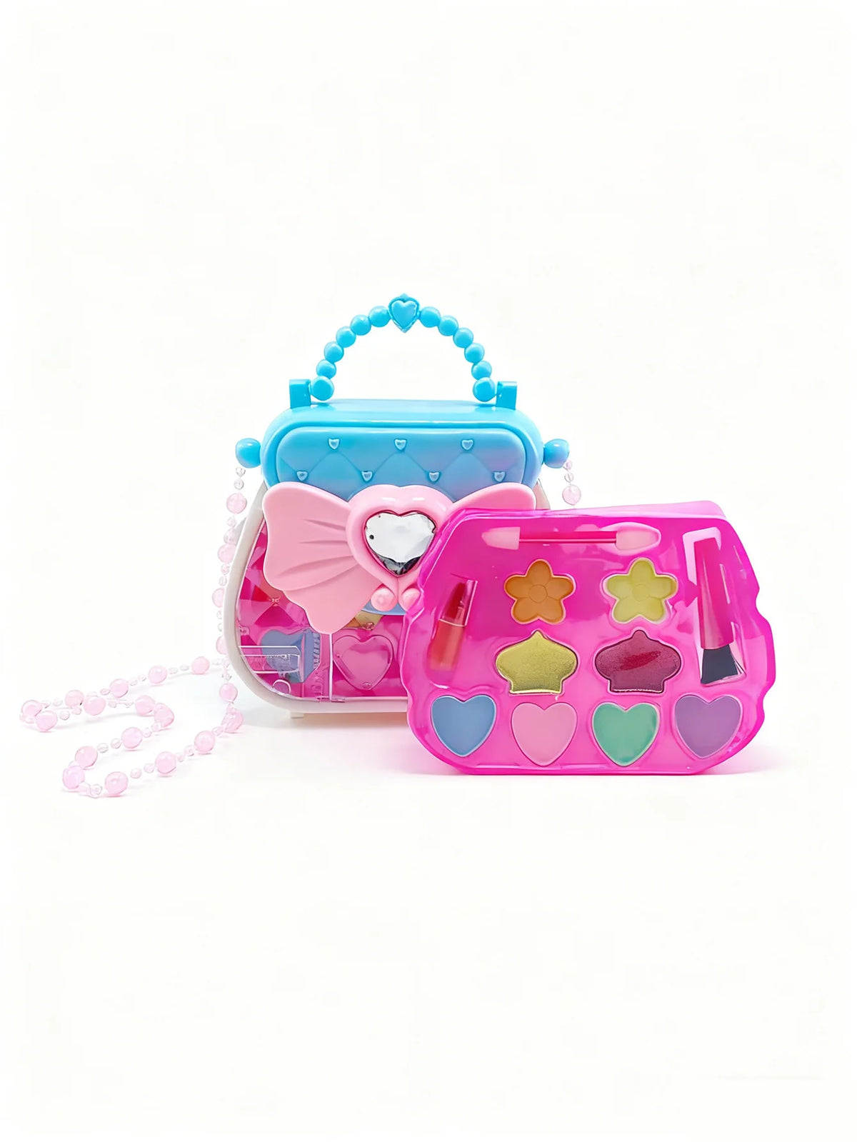 A pink and blue princess makeup toy set featuring a cosmetic playset with various colored items.