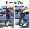 Hands demonstrate how to use 360° rotating stroller hooks for hanging bags and essentials.