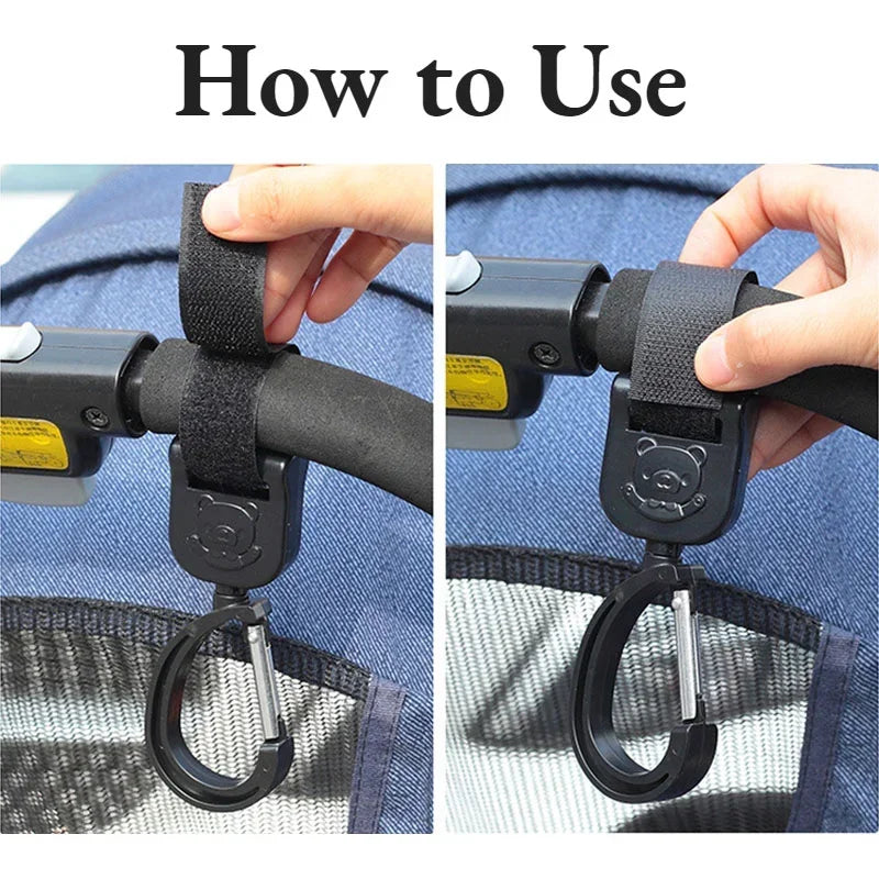 Hands demonstrate how to use 360° rotating stroller hooks for hanging bags and essentials.
