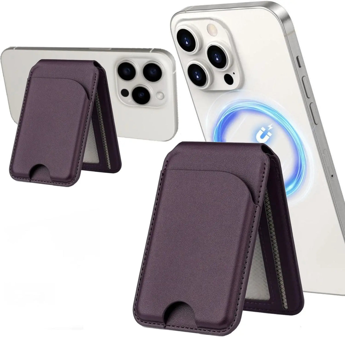 Lila magnetische Geldbörse-Handyhalter für ein iPhone, gezeigt mit dem Telefon und einem separaten Etui.
