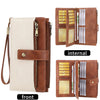Front and internal views of a brown leather RFID-blocking bifold wallet with a zip closure and strap.