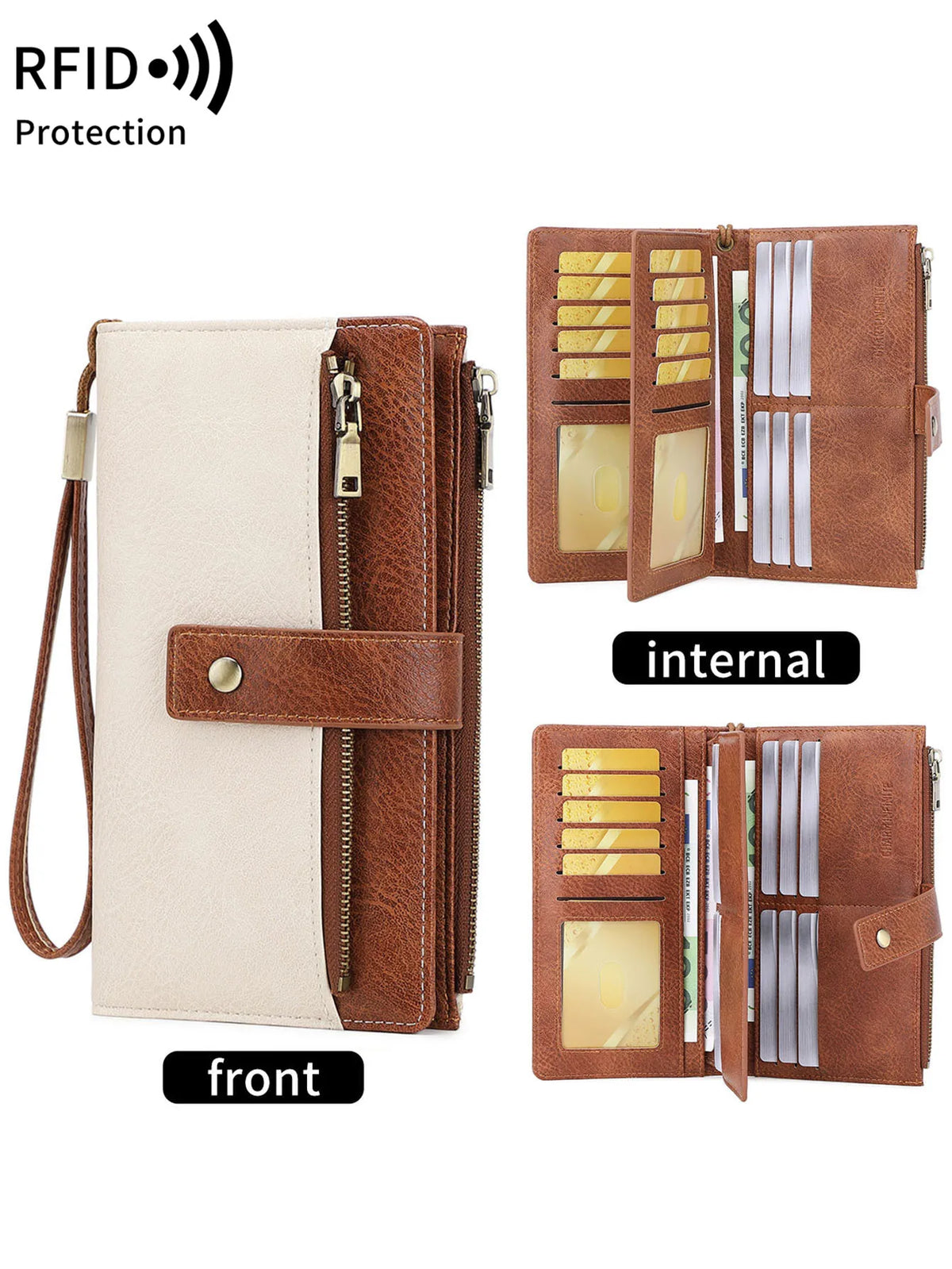 Front and internal views of a brown leather RFID-blocking bifold wallet with a zip closure and strap.