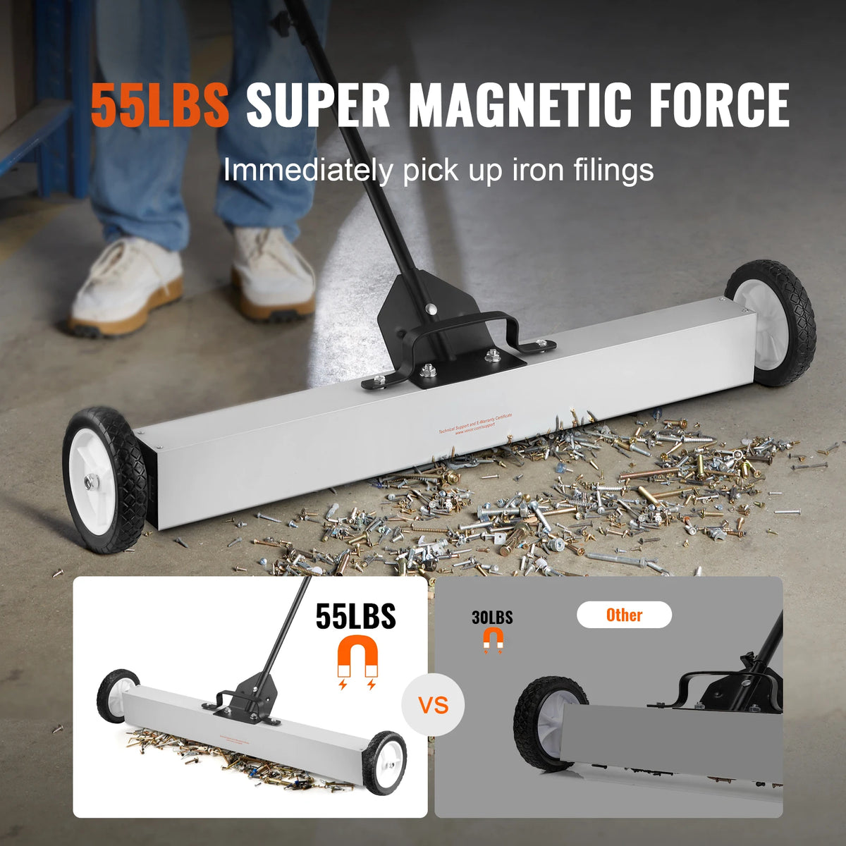 A white rolling magnetic sweeper with an adjustable handle is shown next to iron filings and a comparison of its lifting forc