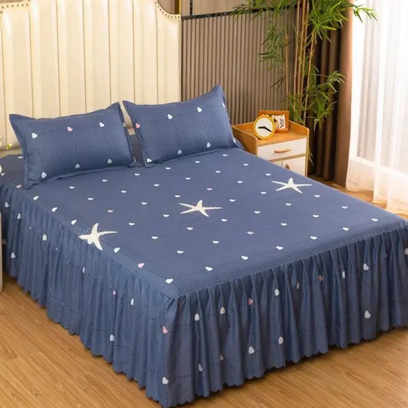 Elegant Elastic Fitted Bed Sheet Set with Lace Skirt and Pillowcases