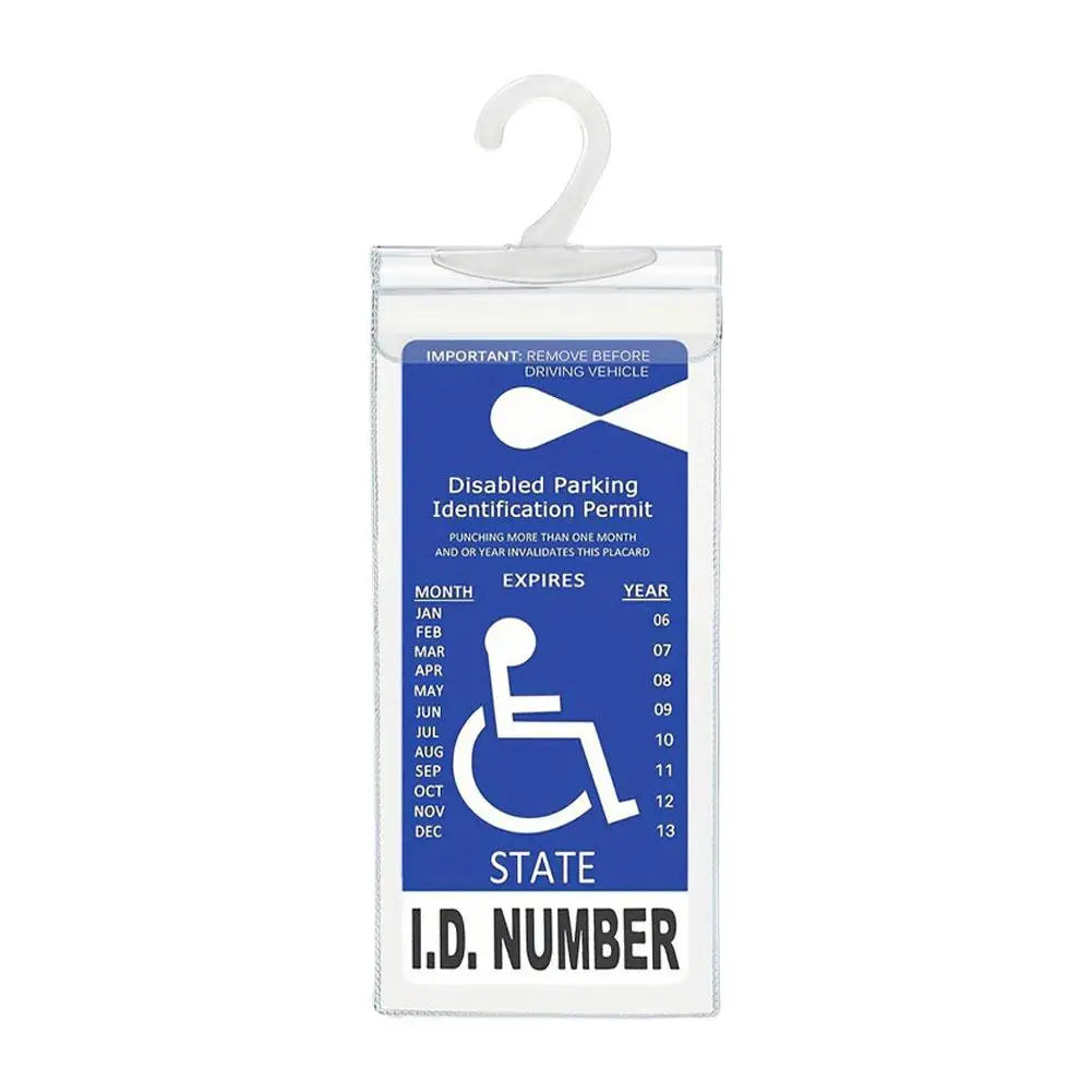 Porta identificación de estacionamiento transparente con cubierta protectora y asa colgante.