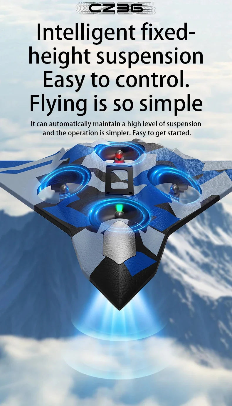 A blue and black EPP foam RC stunt glider airplane with a transparent nose cone is shown against a cloudy sky.