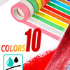Rollo de cinta de pintor en diez colores con dispensador y varios colores de pintura para enmascarar y sellar.