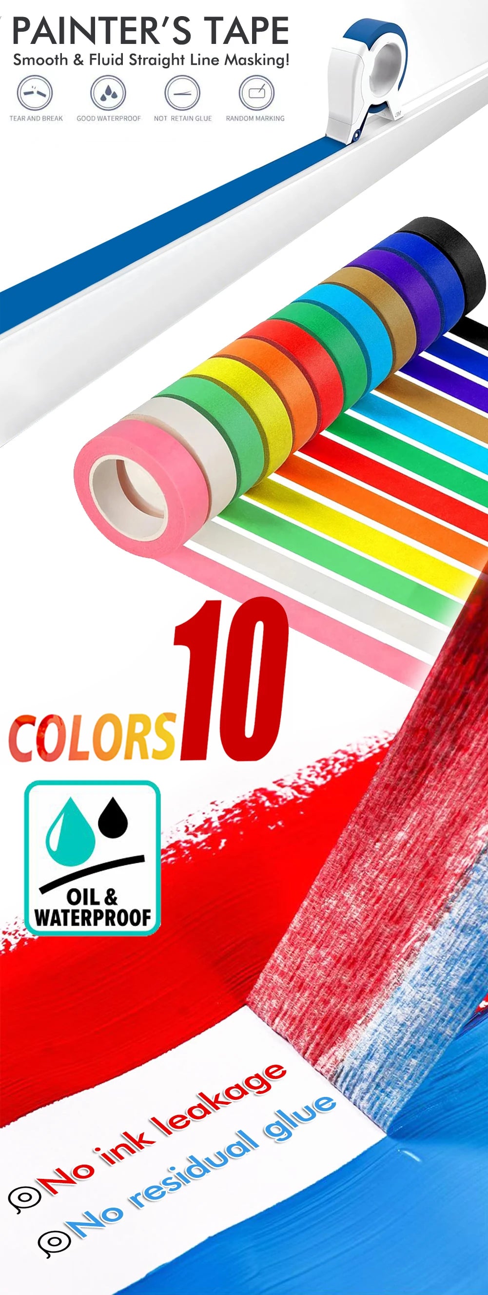 Rollo de cinta de pintor en diez colores con dispensador y varios colores de pintura para enmascarar y sellar.