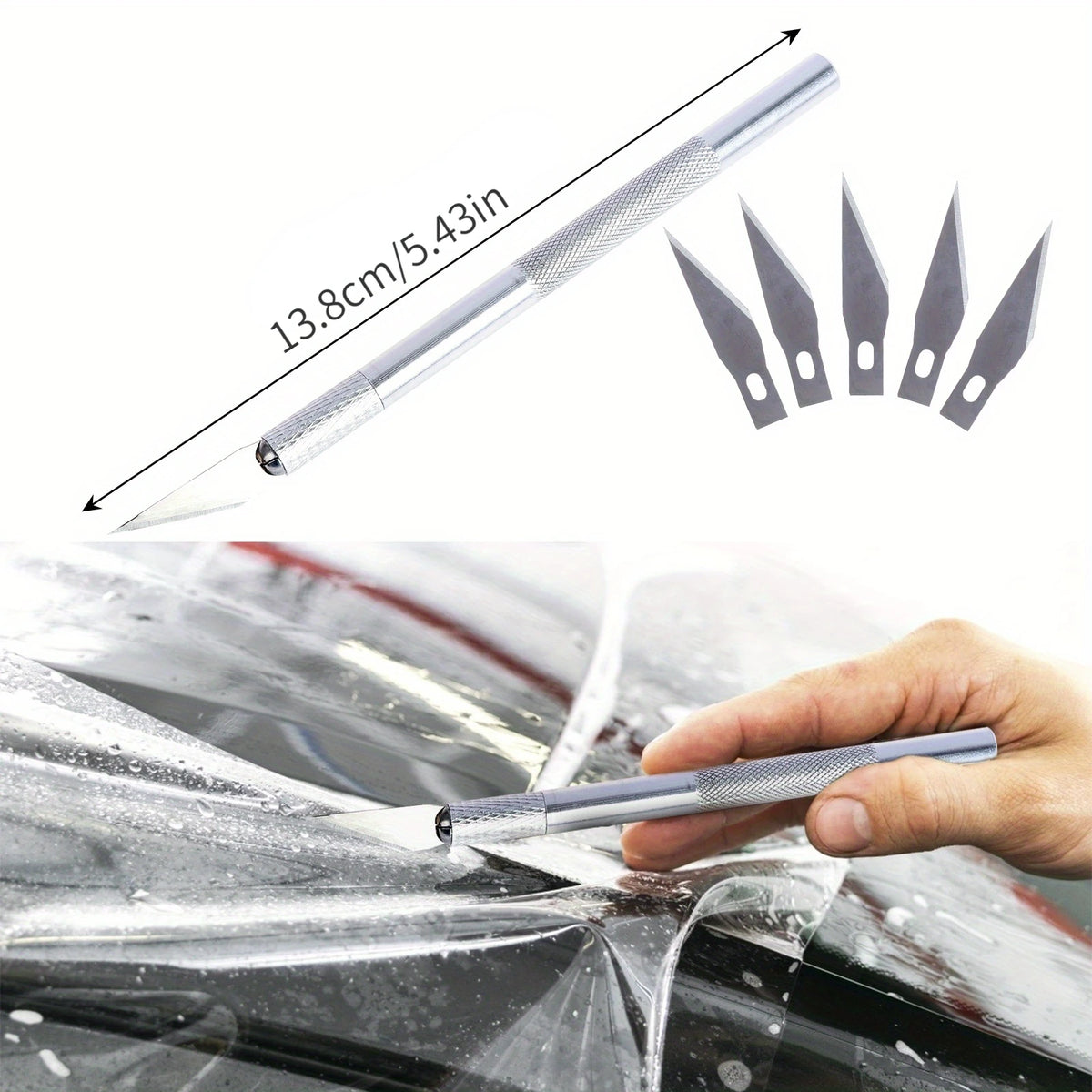 A hand is using a professional car window tint kit to apply a film to a car window.