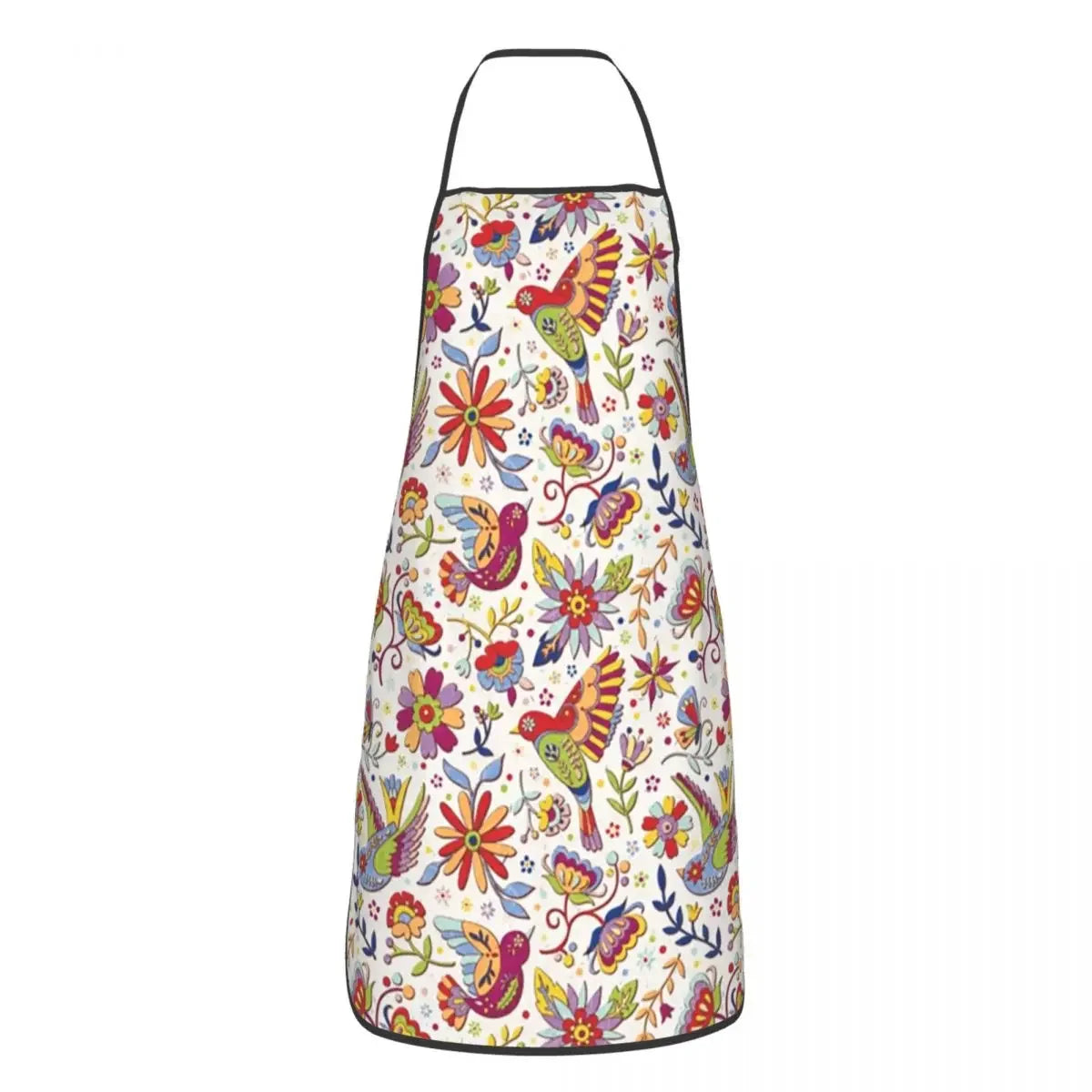A colorful Mexican floral art apron with various bright flowers and birds for kitchen use.