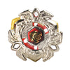Silver alloy battle spinning top with a red and black central design and yellow accents