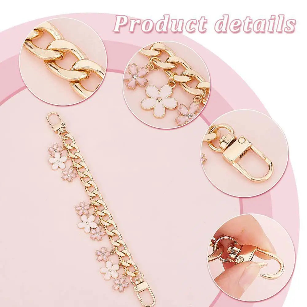 Cherry Blossom Bow Enamel Bag Chain with Heart Charms