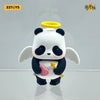 A white and black panda figure with a yellow crown and a pink accessory, displayed against a light gray background.