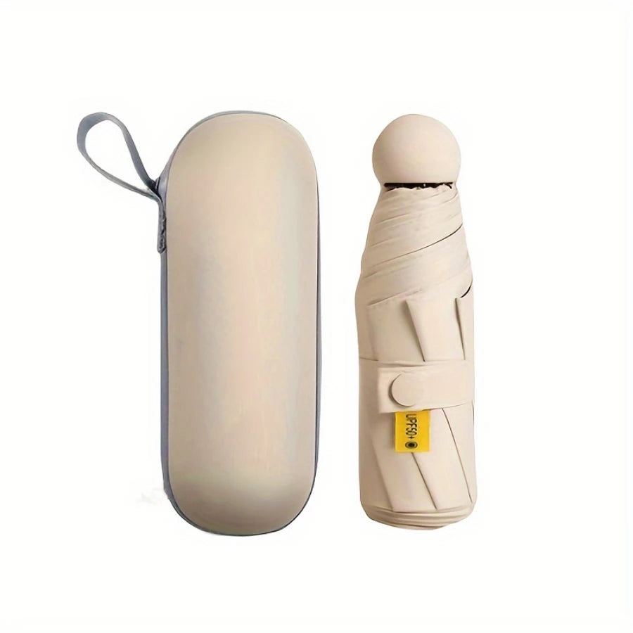 A beige compact folding umbrella with a rolled-up handle and a light beige protective sleeve.