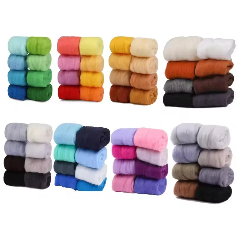 A collection of eight colored wool roving packs for needle felting, stacked in rows.