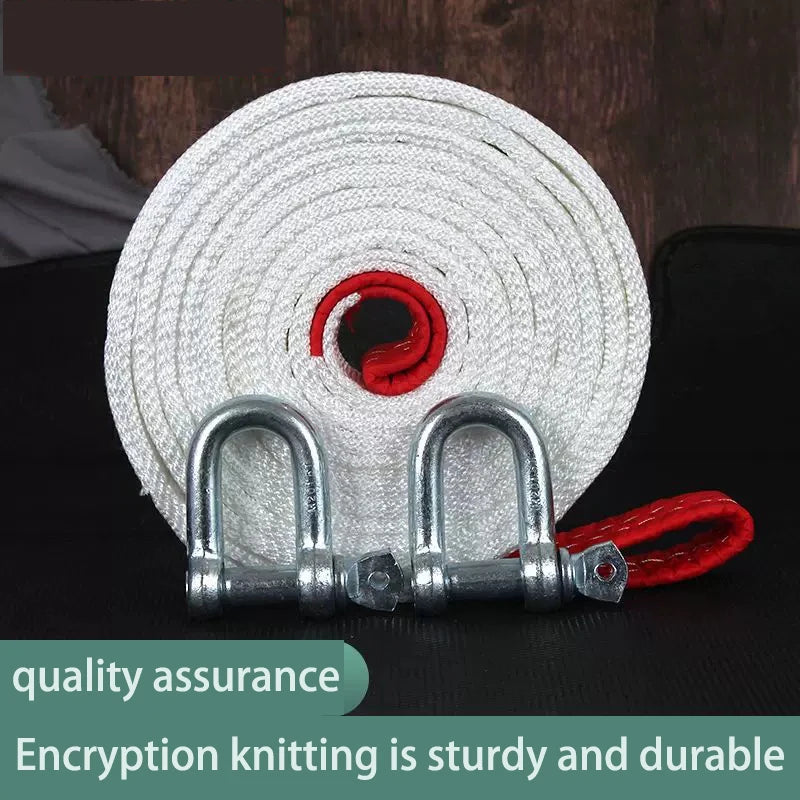 A roll of white encryption knitting rope with silver clasps and a red cord attached.