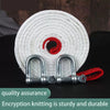 A roll of white encryption knitting rope with silver clasps and a red cord attached.