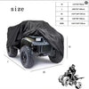 Black heavy duty storage cover for an ATV quad bike shown with size chart and dimensions.