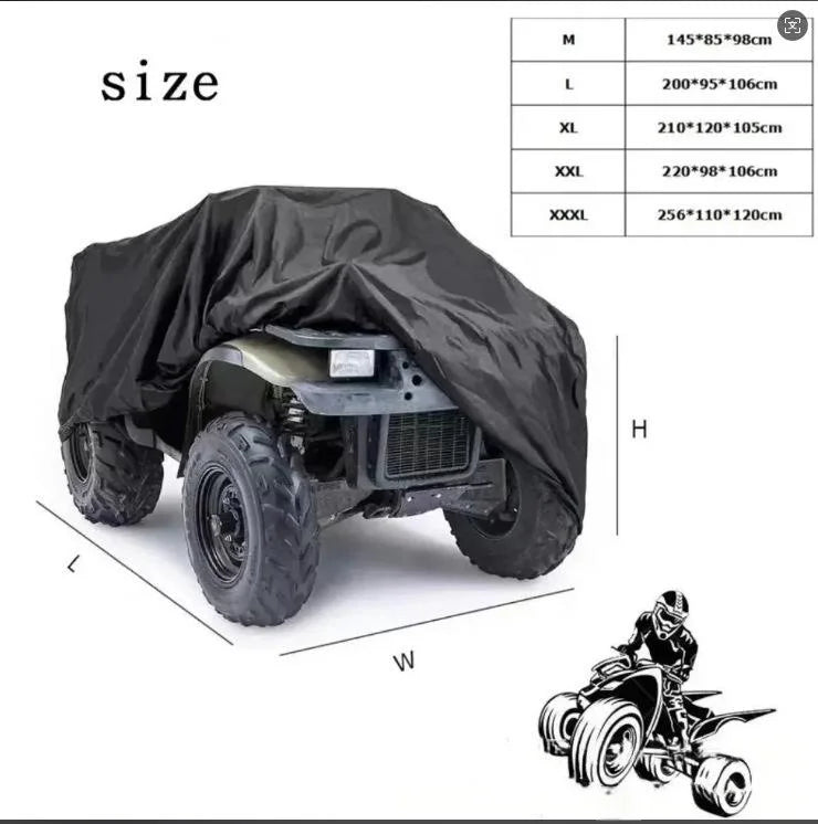 Black heavy duty storage cover for an ATV quad bike shown with size chart and dimensions.