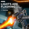 A close-up of an electric water gun firing a bright orange stream, with flashing lights and muzzle flare effect.