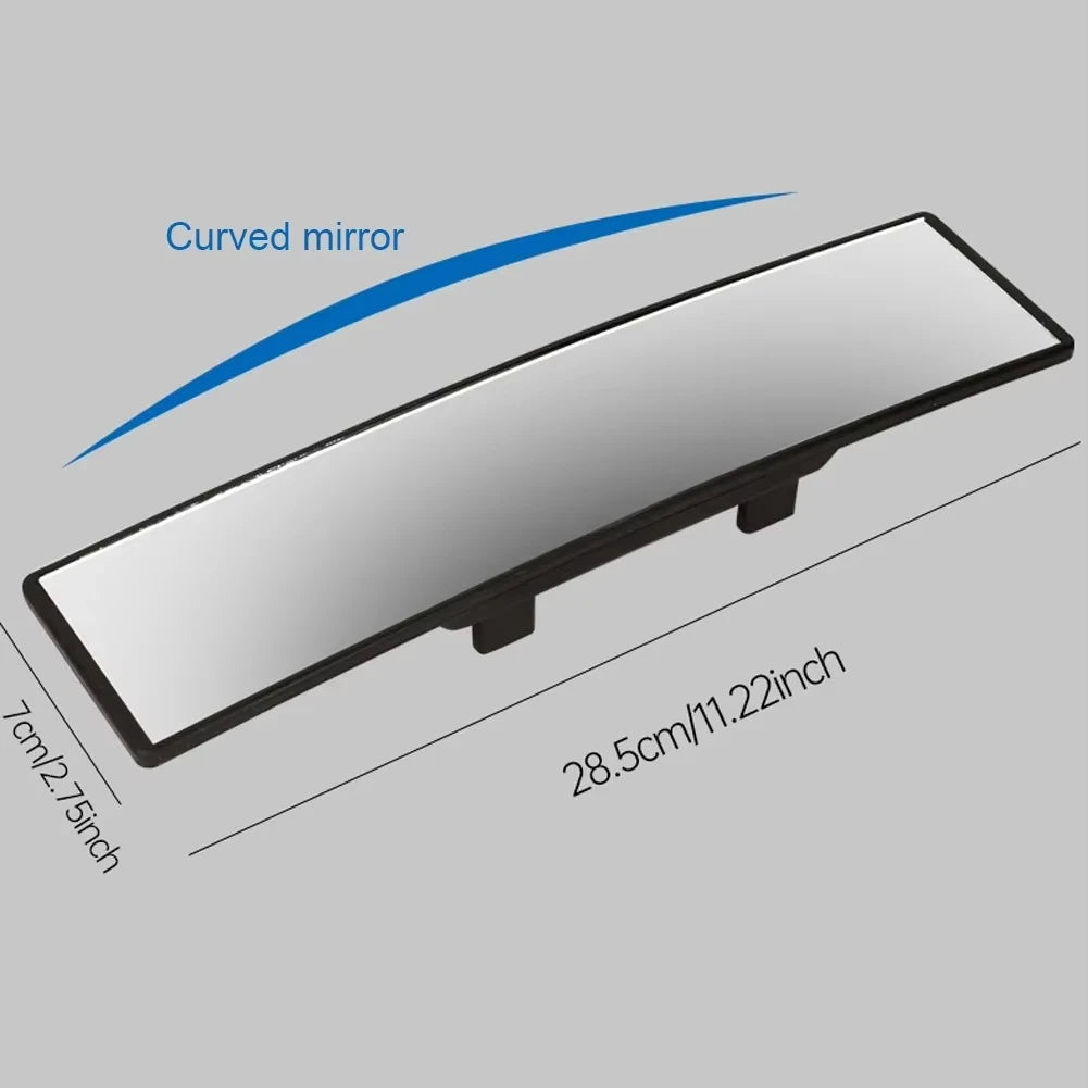 A silver curved mirror mounted for car interior rear view, measuring 28.5cm (11.22 inch) long and 7cm (2.75 inch) high.