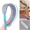 A telescopic microfiber duster with an extendable handle is shown, featuring a gray fuzzy head and a blue shaft.