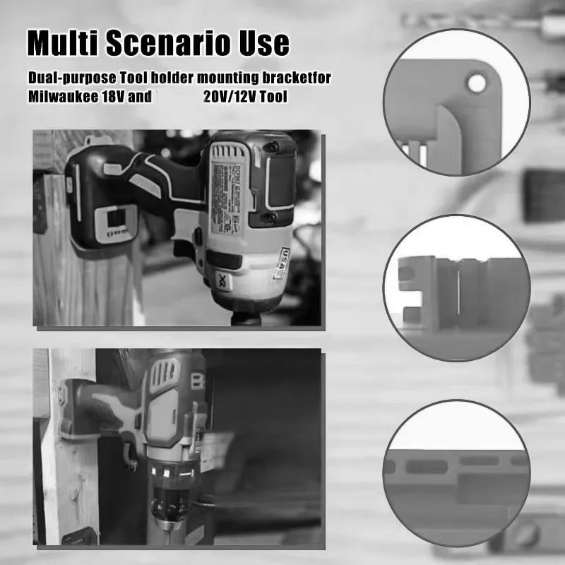 Diagram showing the use of a dual-purpose tool holder mounting bracket for Milwaukee and Dewalt tools.