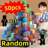 A pile of colorful magnetic building blocks is displayed next to a smiling child.