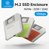 A white M.2 SSD enclosure is shown with various colored SSDs inside, highlighting 10Gbps NVMe performance.