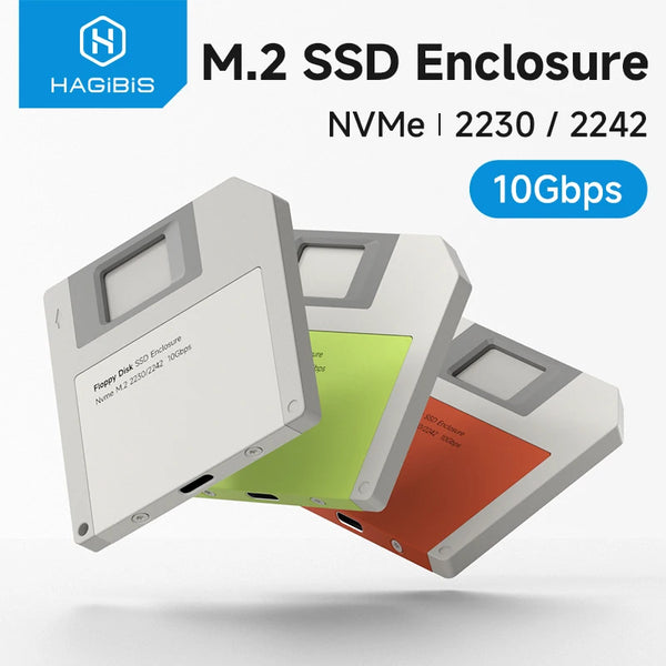 صندوق M.2 SSD أبيض يعرض أقراص صلبة ملونة، يسلط الضوء على أداء NVMe بسرعة 10 جيجابت في الثانية.