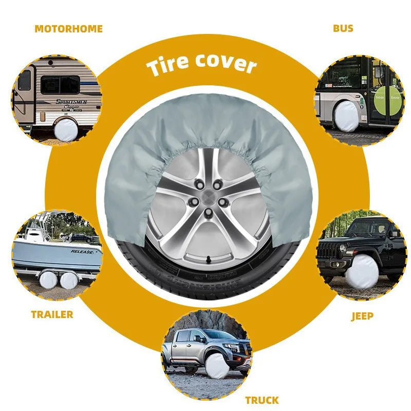 Diagram showing various vehicles and motorhomes with tire covers, including a truck, jeep, bus, trailer, and motorhome.