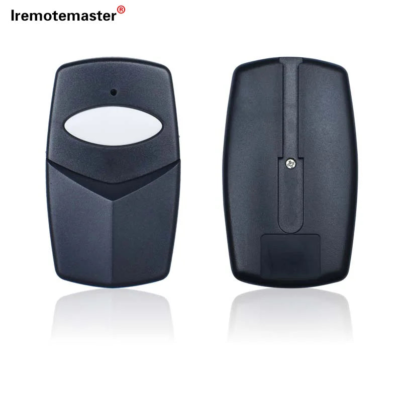 A black universal garage door remote control with a white button and dip switch for programming.
