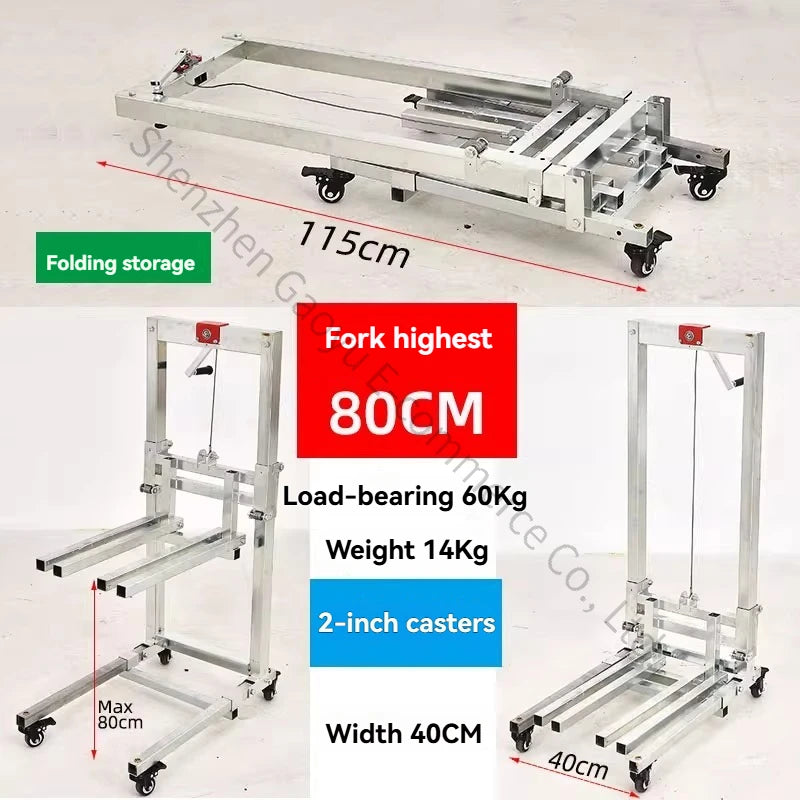 Silberner faltbarer Handkarren mit Gabel, höchste Position 80 cm, Tragfähigkeit 60 kg und 2-Zoll-Rollen.