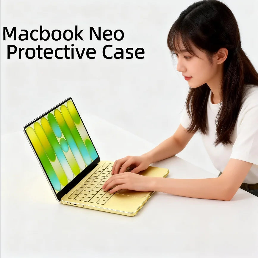 A woman is using a yellow MacBook with a protective case on a white surface.