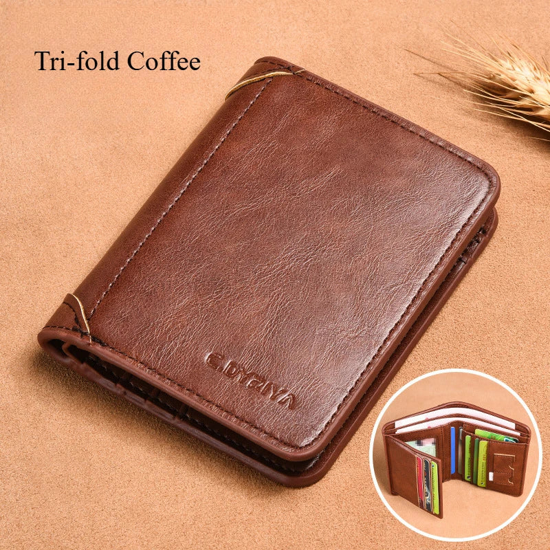 A brown tri-fold leather card holder wallet displayed on a tan background.