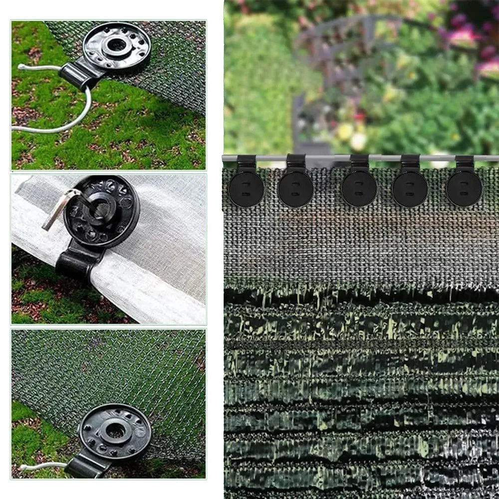 A collection of black shade cloth clips used for securing netting and outdoor fabric.