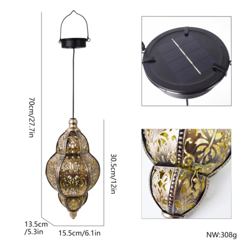 A hanging solar-powered Moroccan lantern with intricate ironwork design and a round solar panel.