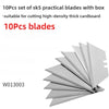 A set of ten silver SK5 practical blades with a box, shown fanned out.