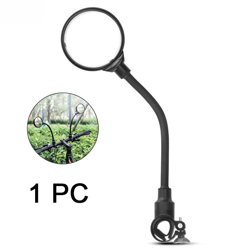 A black 360° adjustable bicycle rearview mirror with a circular lens and mounting bracket.