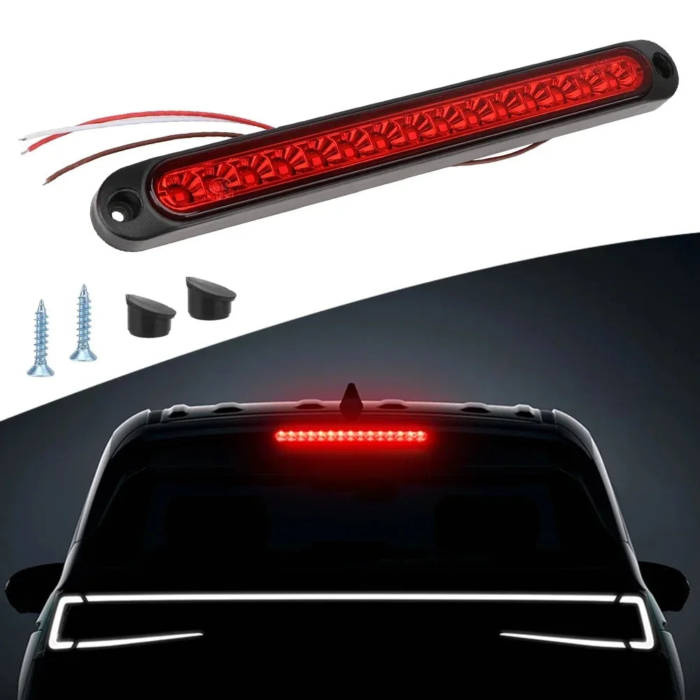 An LED light bar is shown connected by wires, and a similar light is mounted on the roof of a black vehicle.