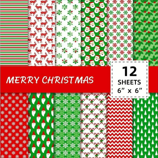 Collection de 12 feuilles de papier cadeau à thème de Noël avec des motifs rouges, verts et blancs.