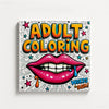 An adult coloring page featuring large pink lips with dripping blue liquid and colorful stars, designed for stress relief.