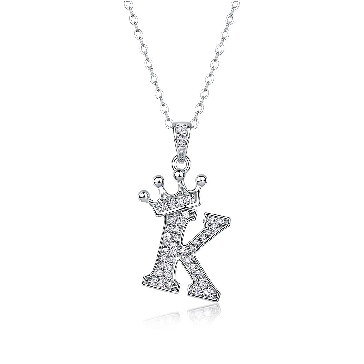Sterling silver moissanite letter K pendant necklace with a crown design
