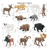 A mini set of 12 realistic animal figurines including a deer, a lion, a bear, a wolf, and other wildlife creatures.