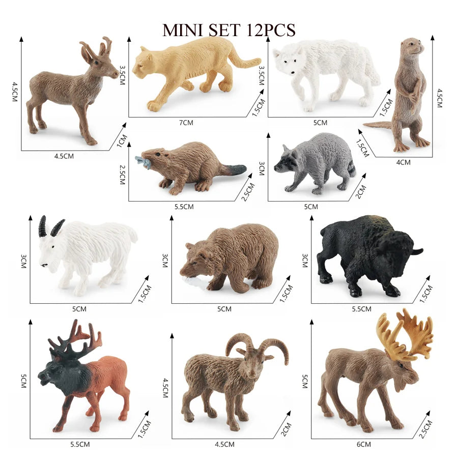 A mini set of 12 realistic animal figurines including a deer, a lion, a bear, a wolf, and other wildlife creatures.