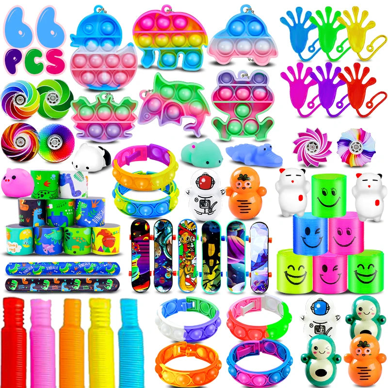 A collection of colorful sensory fidget toys and stickers for kids including pop-it toys, squishy toys, and various themed it