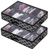 Black mesh storage box with clear windows holding various pairs of shoes.